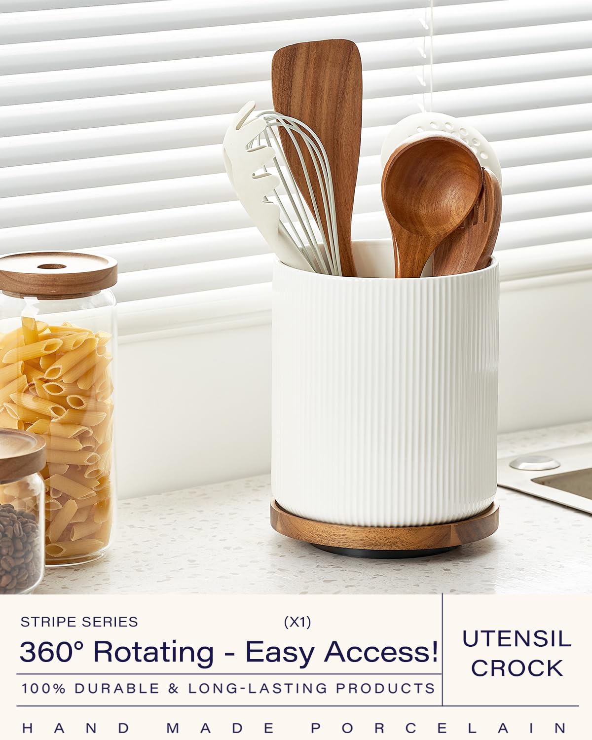 getstar Extra Large Rotating Utensil Holder for Kitchen Counter, 7.9" Ceramic Utensils Crocks Set for Countertop Large & Small Utensil Organizer for Spatula Farmhouse Kitchen Decor