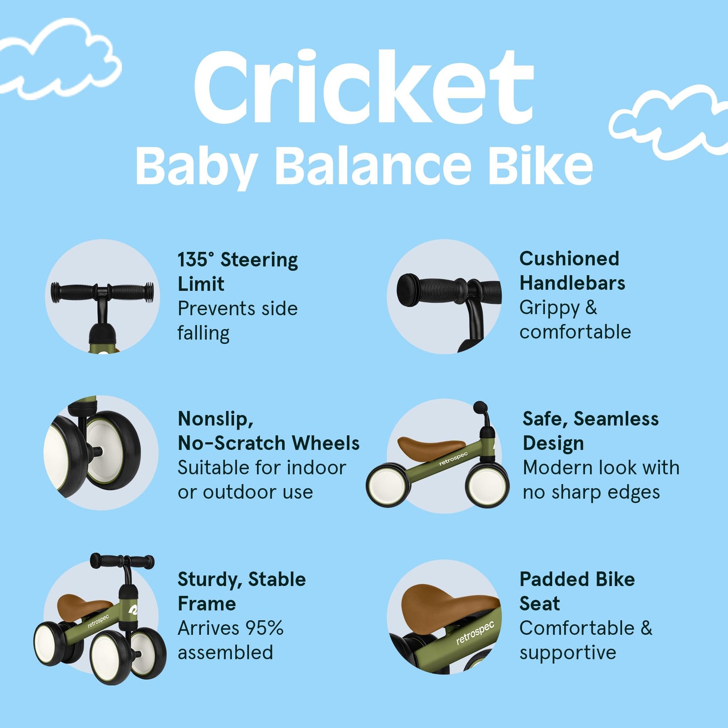 Retrospec Cricket Baby Balance Bike, 4-Wheel Ride-On Toy for Ages 12-24 Months – First Bike & Toddler Bike for 1 Year Old Boys & Girls, First Birthday Gift