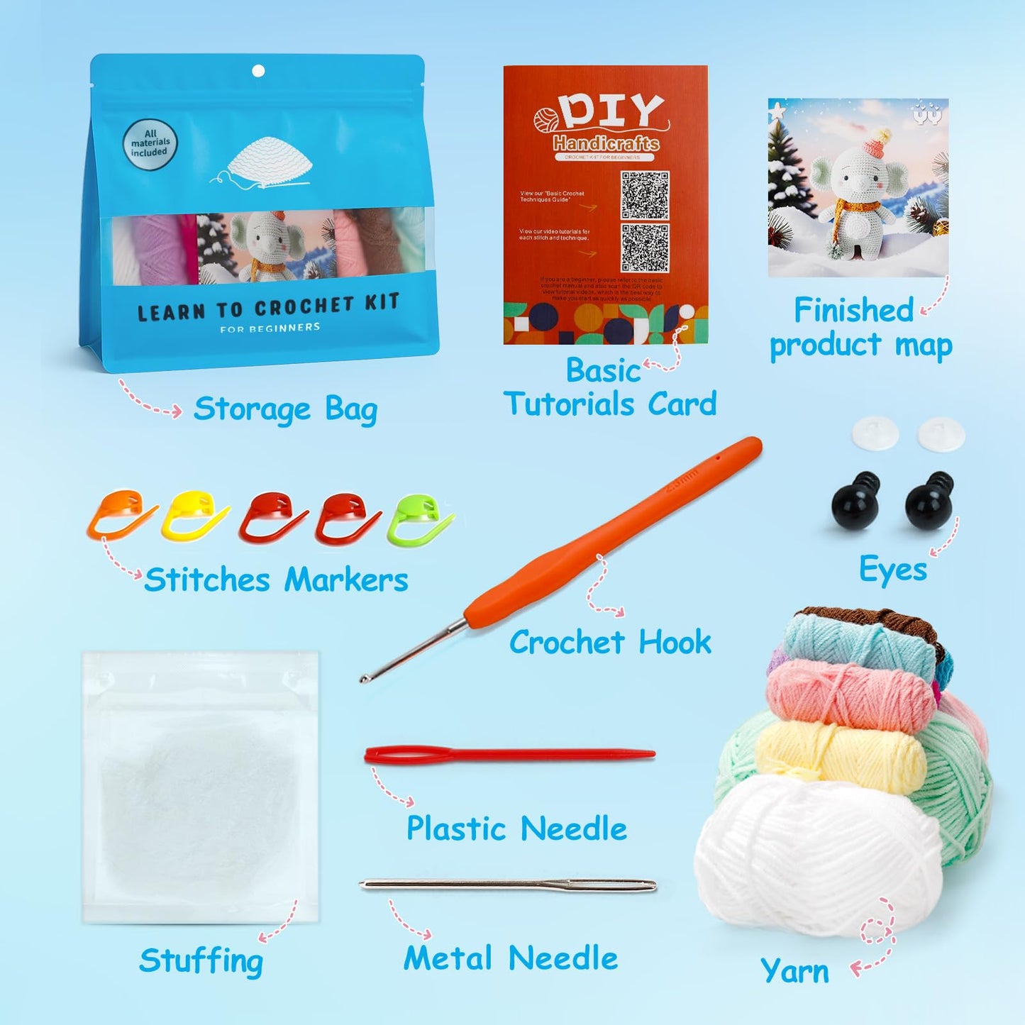 ISTORAGE Crochet Kit for Beginners, 2PCS Elephant Beginner Crochet Kit Crochet Starter Kit DIY Crochet Animals Kits Knitting Supplies, Easy Knitting Kit