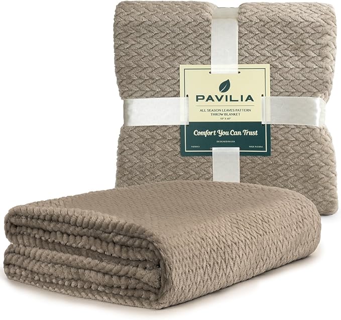 PAVILIA Soft Fleece Taupe Tan Throw Blanket for Couch, Lightweight Plush Warm Blankets for Bed, Fuzzy Cozy Flannel Blanket Throw for Sofa, Travel, Jacquard Pattern, Taupe/Camel, 50x60 inch
