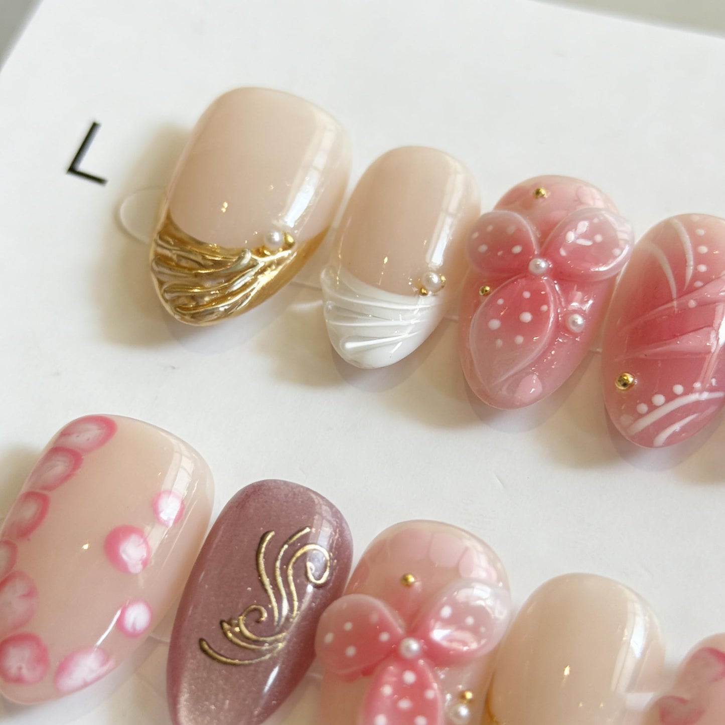 Handmade Press ons Nails Summer Pink 3D Flower Almond Shape Fake Nails with Gold Foil and Pearl Accents Reusable Glossy False Nails for Women M Size