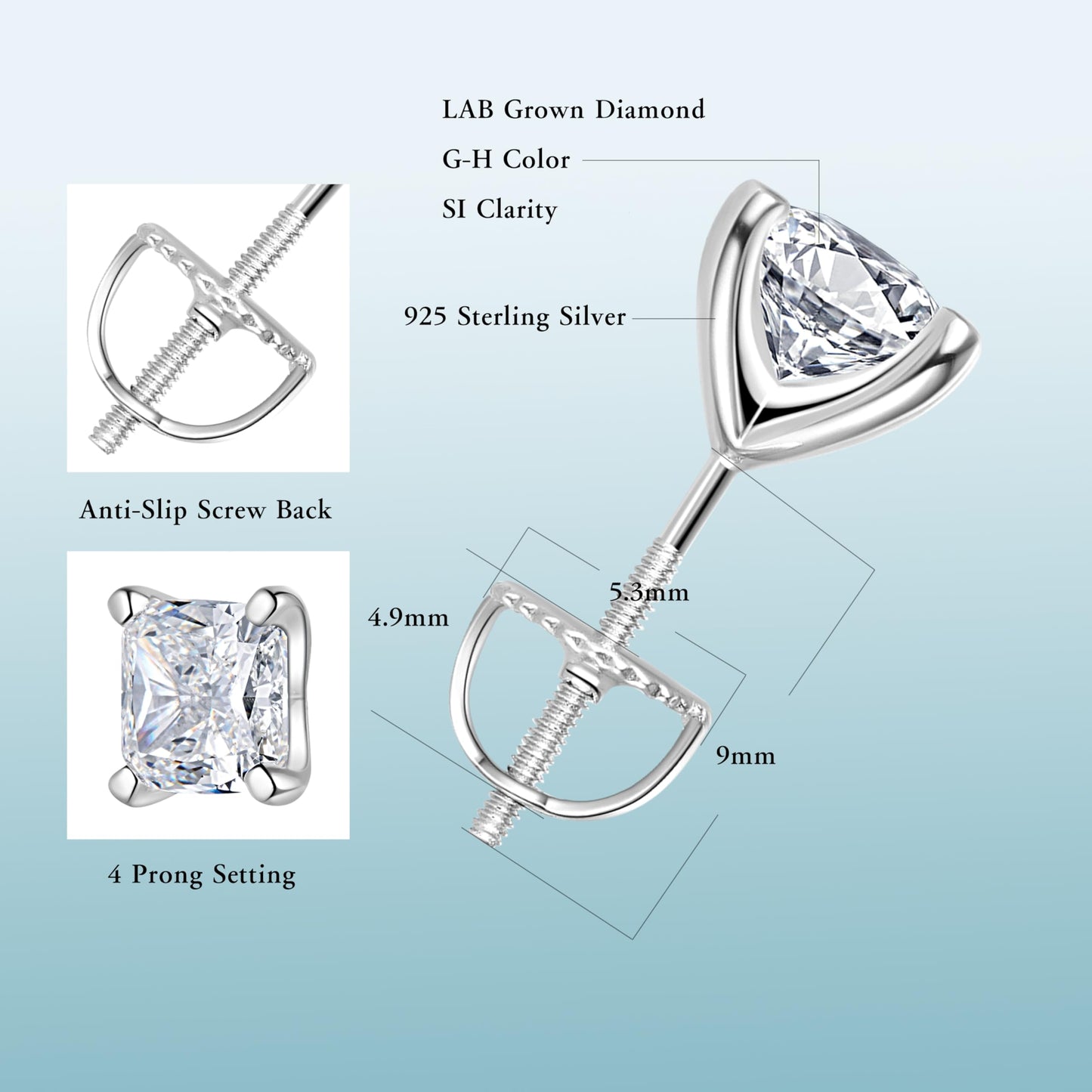 Lab-Grown Diamond Stud Earrings in Hypoallergenic 925 Sterling Silver, Screw Back, 1/5 to 2 1/2 Cttw, Round Princess Cushion Cut, 4 Prong, G-H Color, SI Clarity (Silver, 2.0 cttw (1.0ct each), White Cushion Diamond)