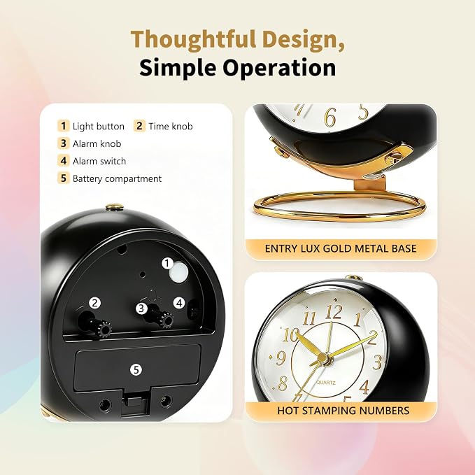 Analog Alarm Clock, Retro Small Desk Clock with Night Light, Backlight Cute Simple Design, Silent Non-Ticking, Battery Powered, for Bedroom,Travel,Kitchen,Bedside Desktop Decor