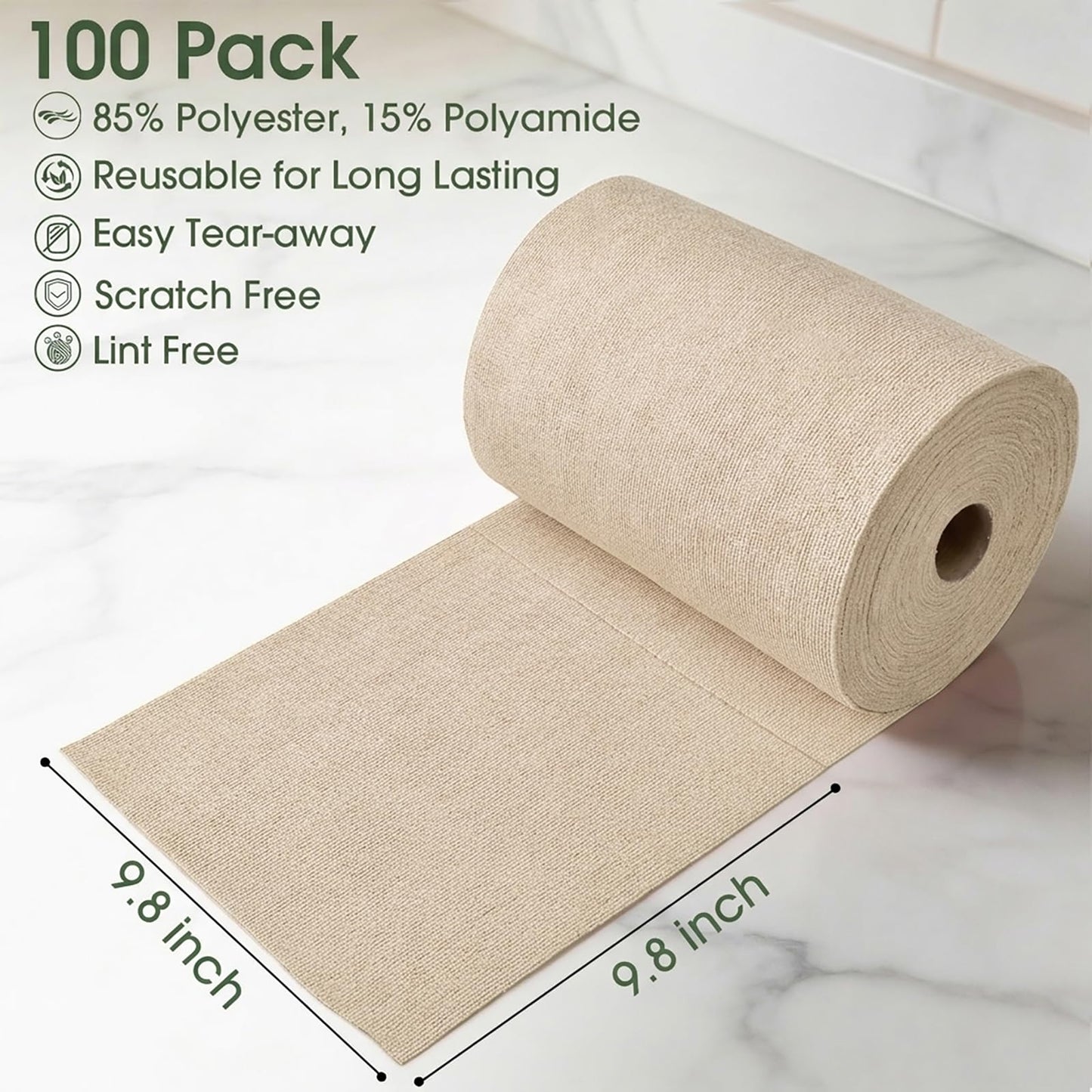 CHAUNCEY HOME Microfiber Cleaning Cloth Roll - 100 Pack Tear Away Microfiber Paper Towels, Reusable, Washable, Scratch-Free, Kitchen Towels for Car, Home, Kitchen, Glass, Dishes(Desert Gold)