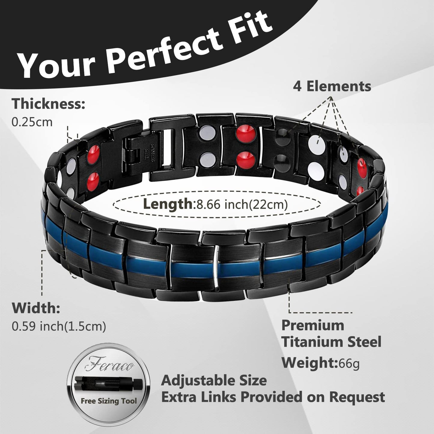 Feraco Mens Magnetic Therapy Bracelets Titanium Steel Bracelet with Double Row 4 Elements Magnets (Black & Blue)