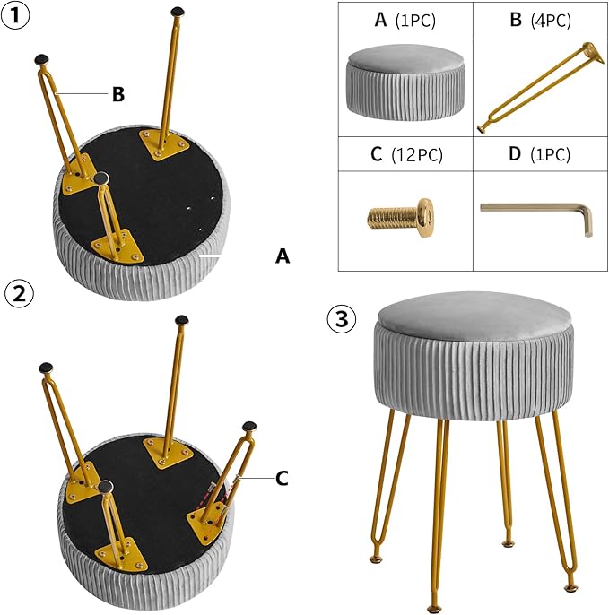 IBUYKE Velvet Storage Footrest Stool Ottoman, Makeup Vanity Stool Side Table with Golden Steel Legs Removable Cover, Coffee Table Top Cover, Grey LG-20G