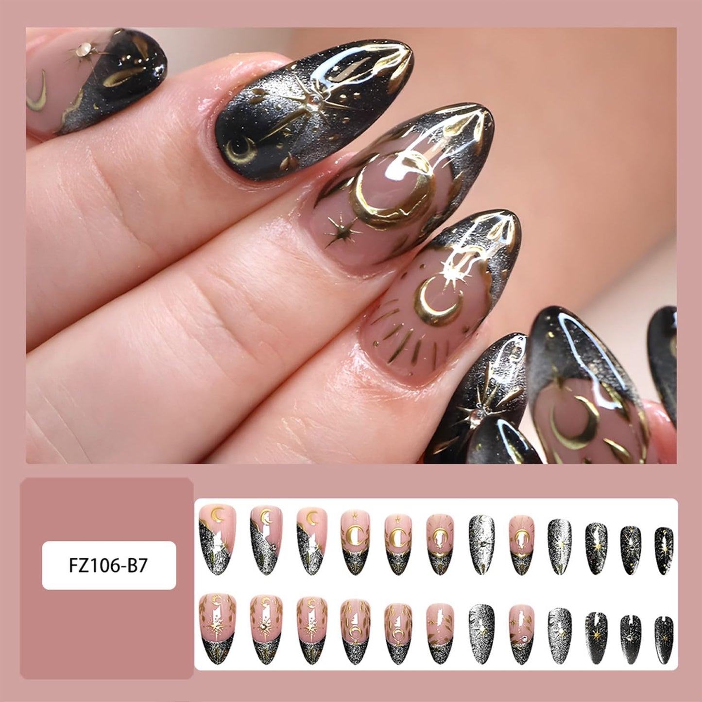 3D Gold Star Moon Press on Nails Rhinestones French Tip Fake Nails with Leaf Design Long Almond Acrylic False Nail Mirror Full Cover Glue on Nail for Women