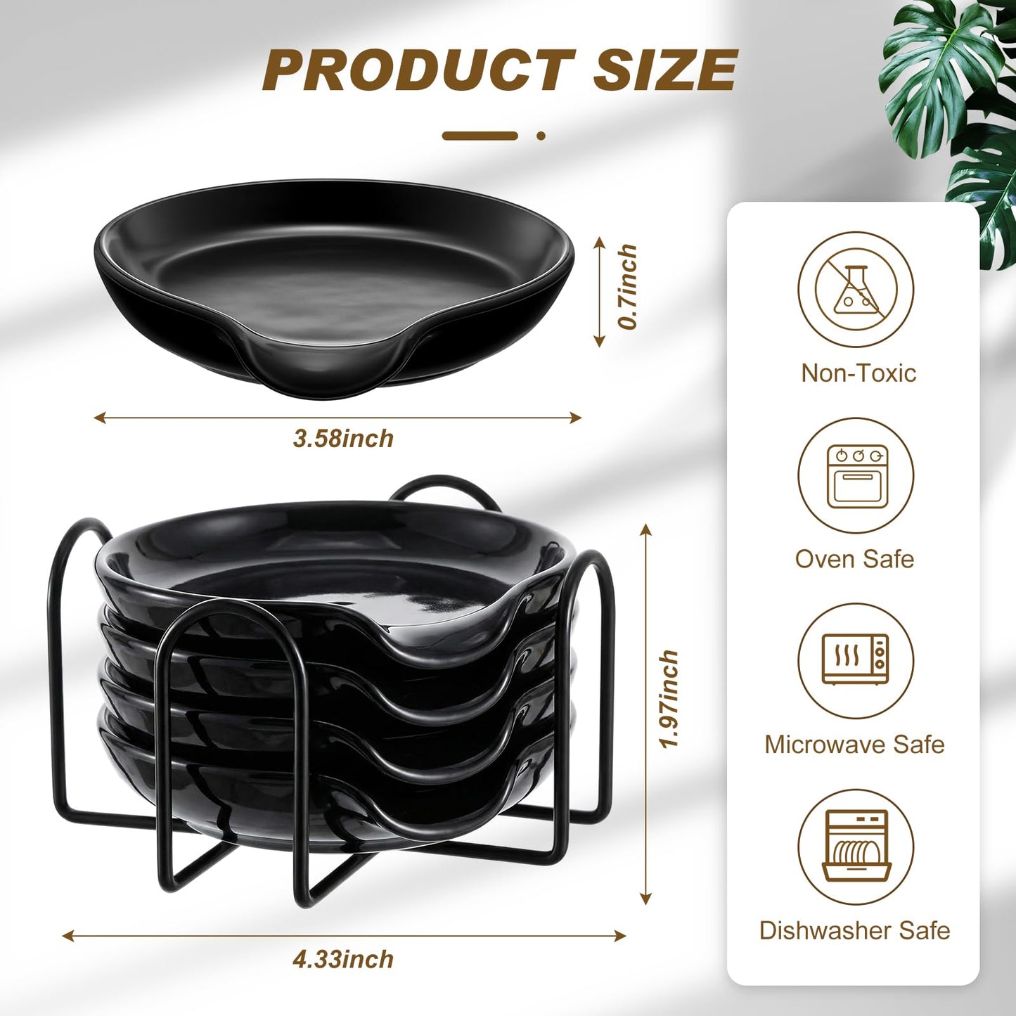 Bokon 8 Pack Ceramic Spoon Rest with Holder, Kitchen Utensil Rest for Stove Top, Dipping Sauce Dishes, Heat Resistant and Dishwasher Safe (Black)