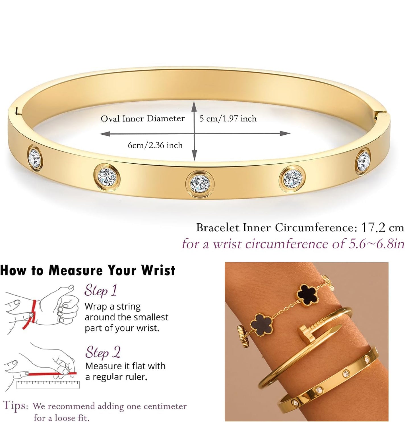 18K Gold Plated Stainless Steel Love Nail Bangle Clover Bracelet Set Stackable Dupes for Love Trendy Jewelry (Gold and Black)