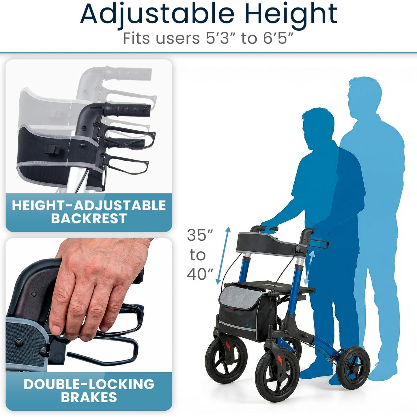 Vive All-Terrain Rollator Walker with 12” Pneumatic Wheels - Padded Seat & Backrest, Lightweight Outdoor Rolling Walker with Big Wheels - Foldable with Height Adjustments