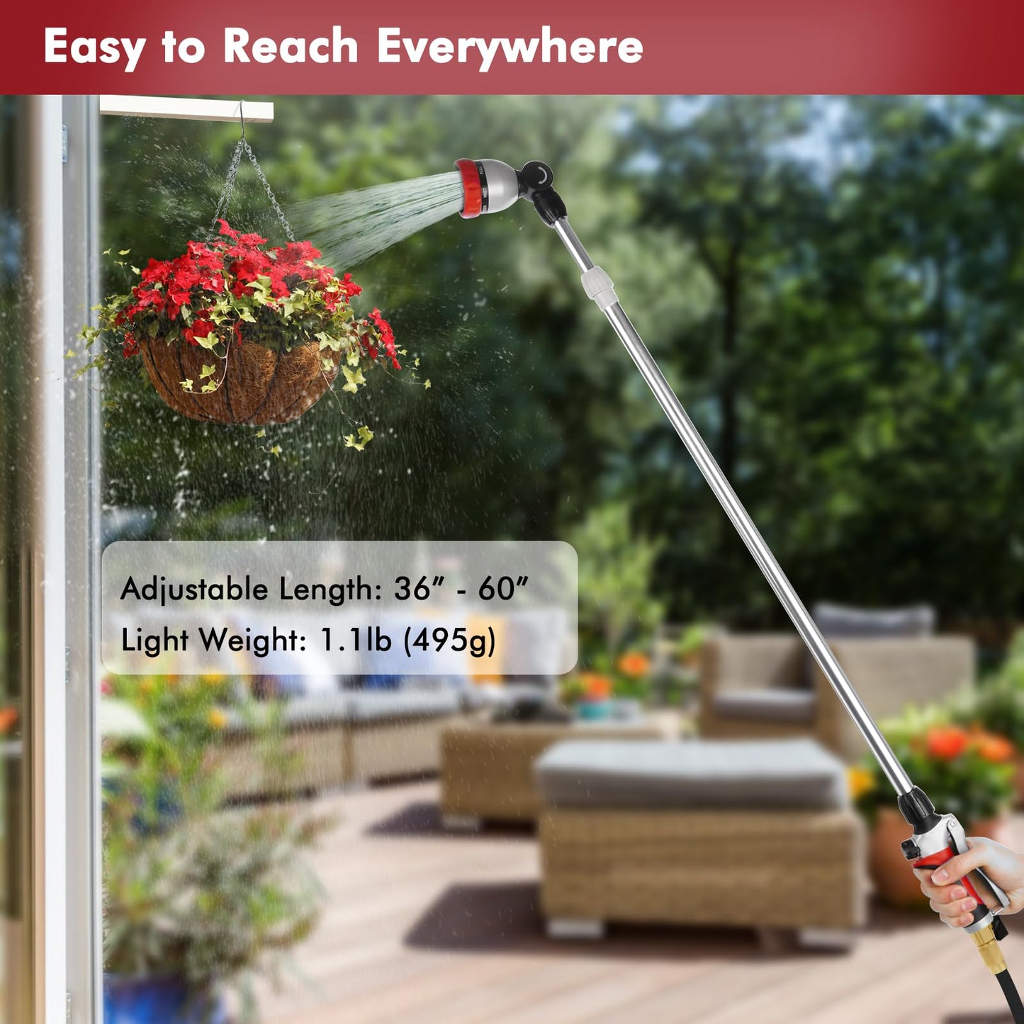 RESTMO 36”-60” Metal Watering Wand, Long Telescopic Tube | 180° Adjustable Ratcheting Head | 7 Spray Patterns | Flow Control, Perfect Garden Hose Sprayer to Water Hanging Baskets, Shrubs, Red