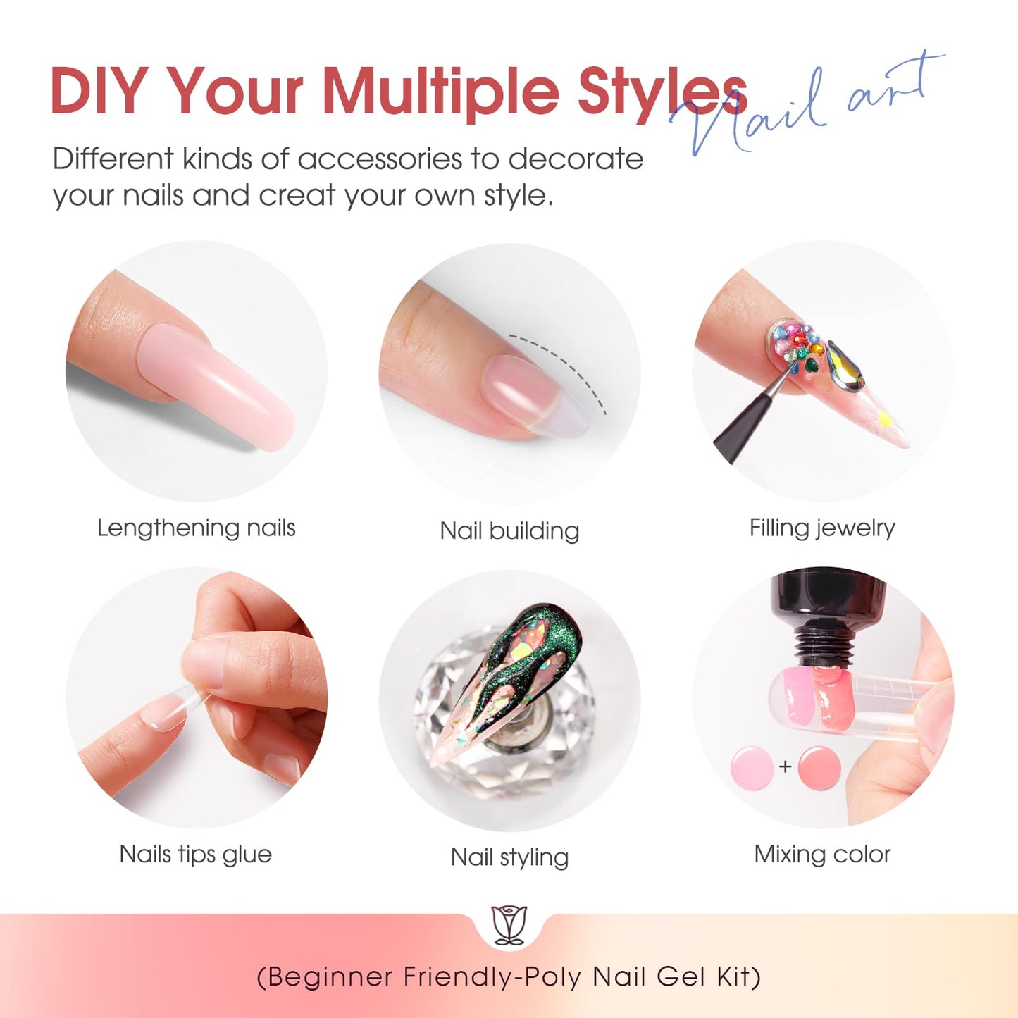 Poly Nail Gel Starter Kit with Drill -14 Colors + 75 Nails Art Accessories Kits, ROSALIND Nue Clear Poly Extension Gel with Big UV Light 48W and Electric Nail Drill Starter Kit with Everything