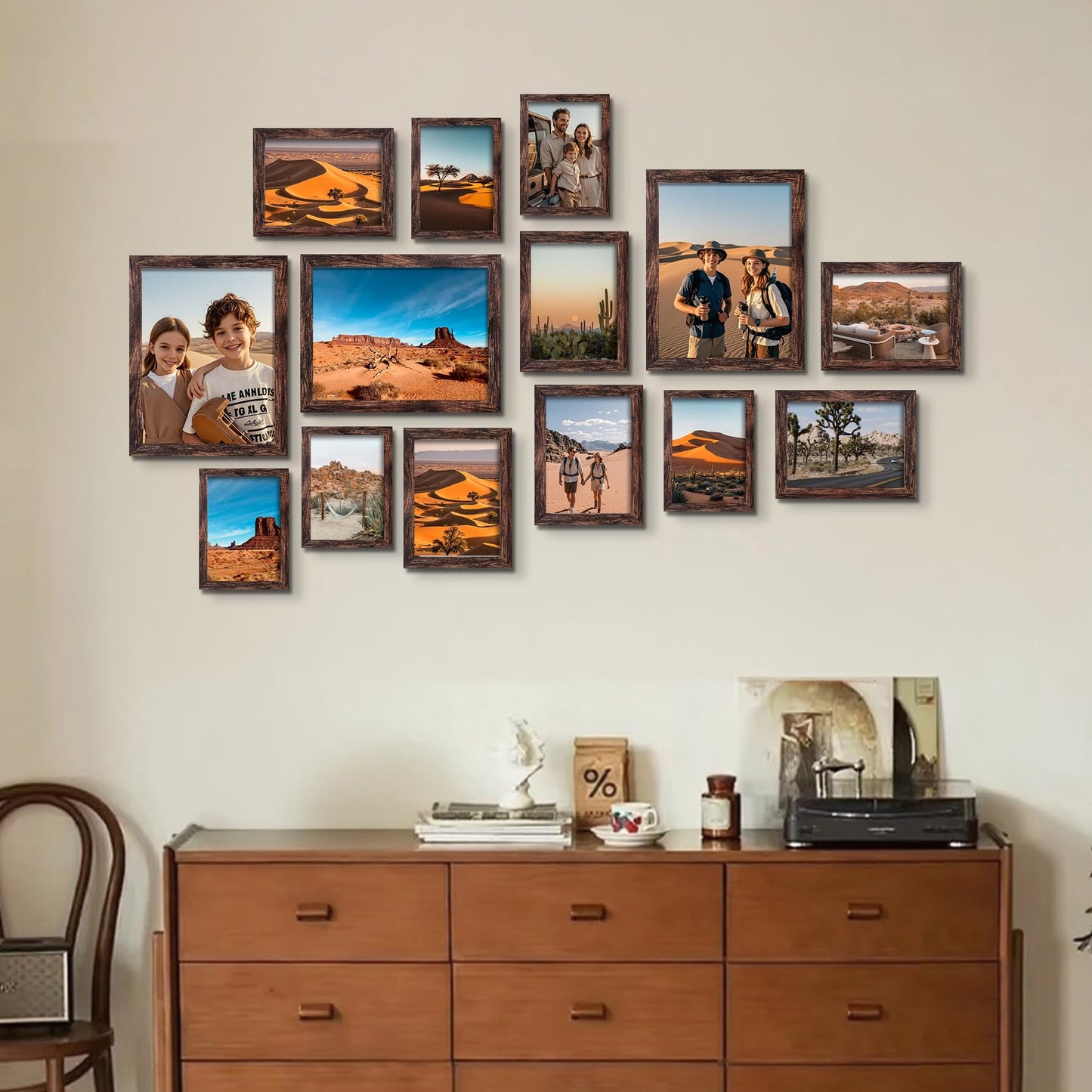 BESCRCL 15 Pack Real Glass Picture Frames Collage Wall Decor, Including 3pcs 8x10, 6pcs 5x7, 6pcs 4x6 Photo Frames for Gallery Wall or Tabletop Display, Brown