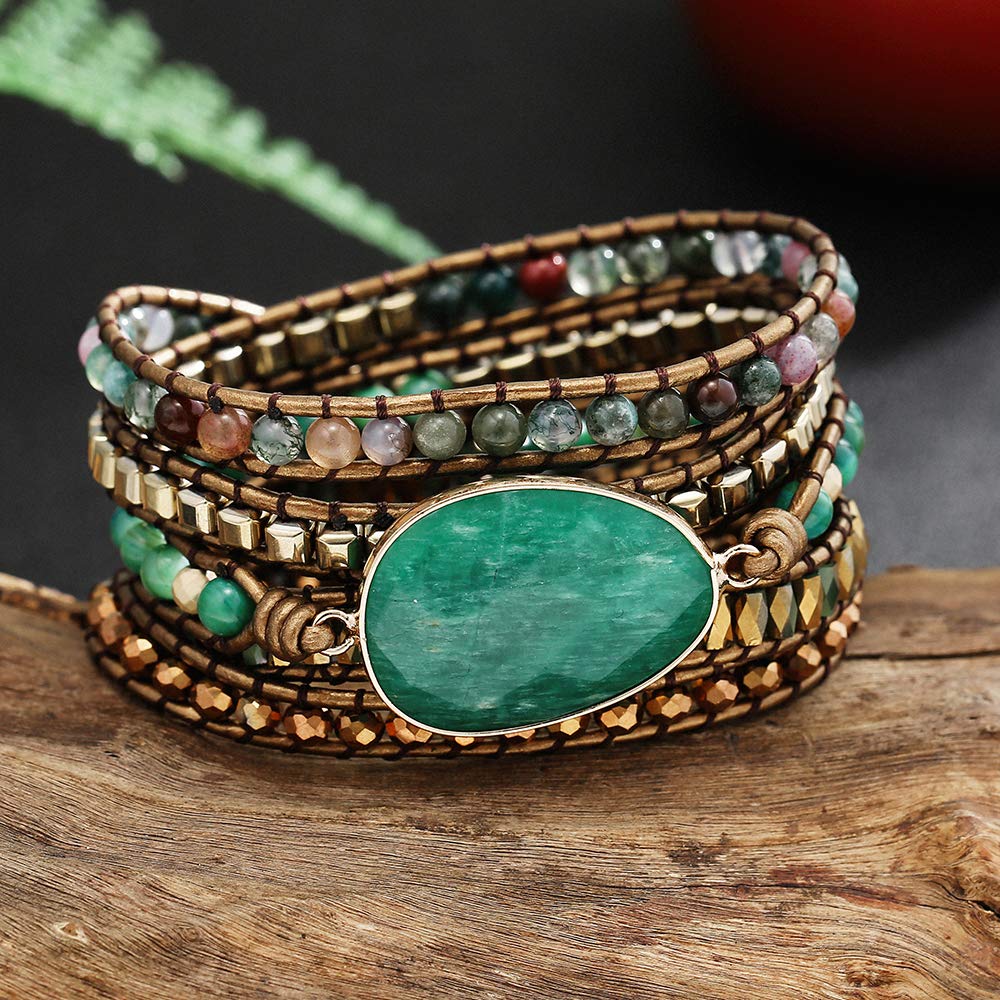 Plumiss Boho Handmade Green Aventurine Stone 5 Wrap Bracelets Natural Stone Beaded Multiple Strand Bracelet Jewelry