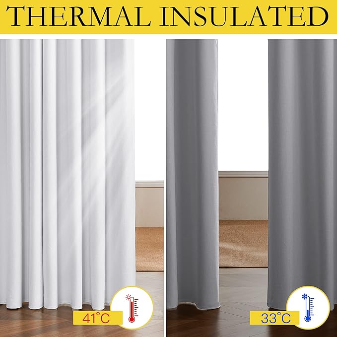 NICETOWN 100% Absolutely Blackout Linen Curtains with Thermal Insulated White Liner, White, 52" Wide, Long Curtains 80" Long 2 Panels Set for Living Room, Thermal Insulated Privacy Drapes for Bedroom