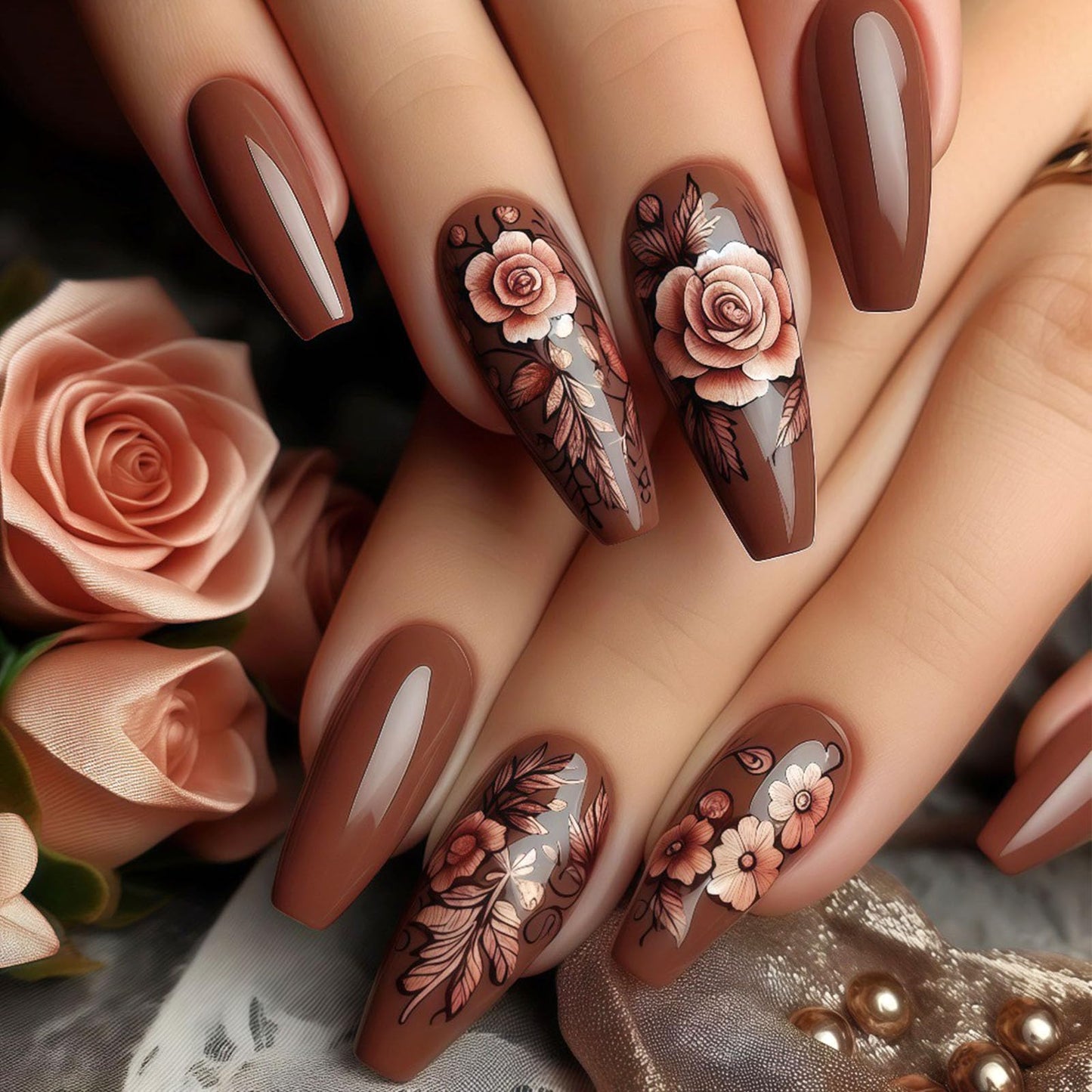 Fall Press on Nails Medium Coffin Fake Nails with Roses Designs Glossy Nails Press ons Dark Brown Full Cover Glue on Nails Autumn Acrylic Artificial Stick on Nails for Women 24Pcs
