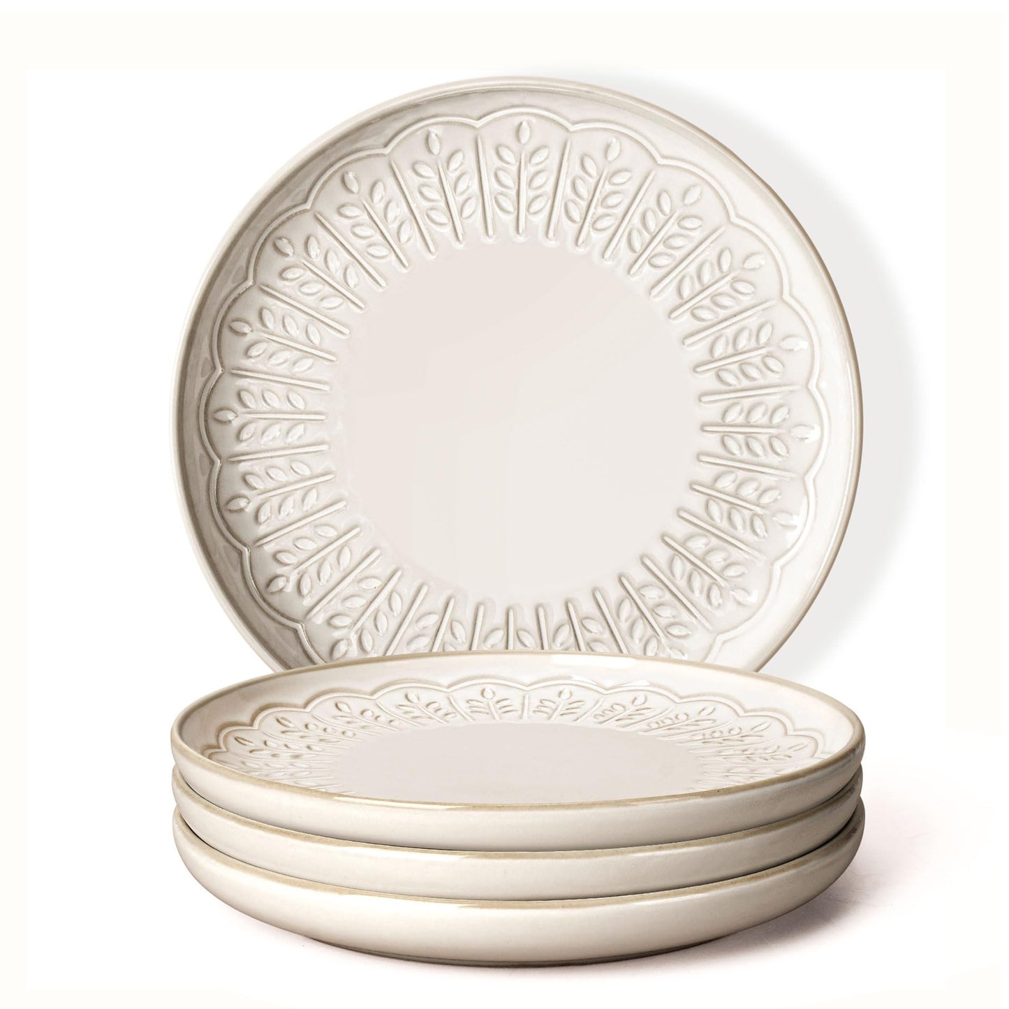 Artena Salad Plates Set Of 4, 8.5 Inch Embossed Ceramic Dinner Plates for Appetizer Dessert, Kitchen Plates With Lipped Edges, Microwave Oven Dishwasher Safe (Wheat Leaf)