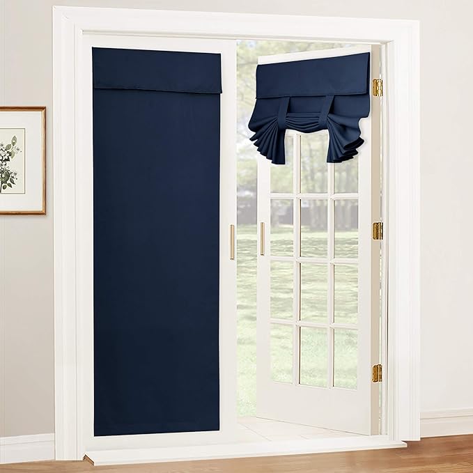 RYB HOME Blackout French Door Curtain - Privacy Thermal Insulated Window Shades for Patio Kitchen Front Entry Back Door Glass Window, Self Adhesive No Drill, 1 Panel, 26" W x 69" L, Navy
