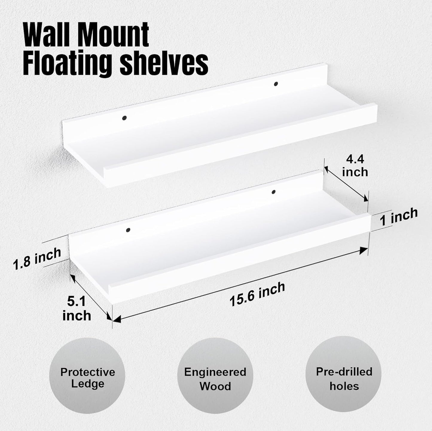 RICHER HOUSE 5 Set White Floating Shelves, Wall Mounted Shelves for Wall Decor, Modern Picture Ledge Shelf with Lip for Storage Nursery, Bedroom, Living Room, Bathroom - White