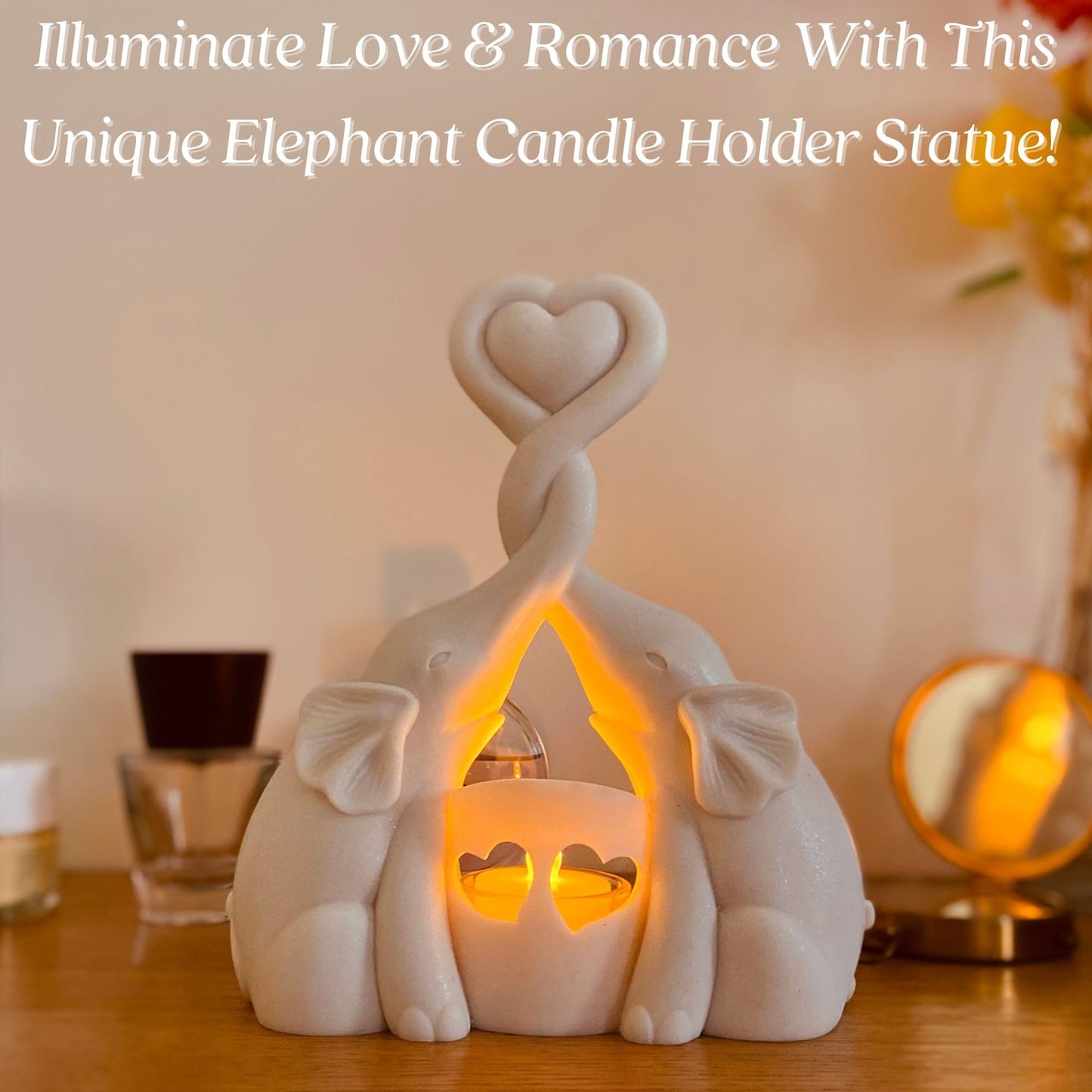 Elephant Love Candle Holder Statue - Elegant Gift Home Decor for Women Living Room or Bedroom - Flickering LED Candle Included - Ivory 14th Anniversary, Couples, Parents Valentine's Present