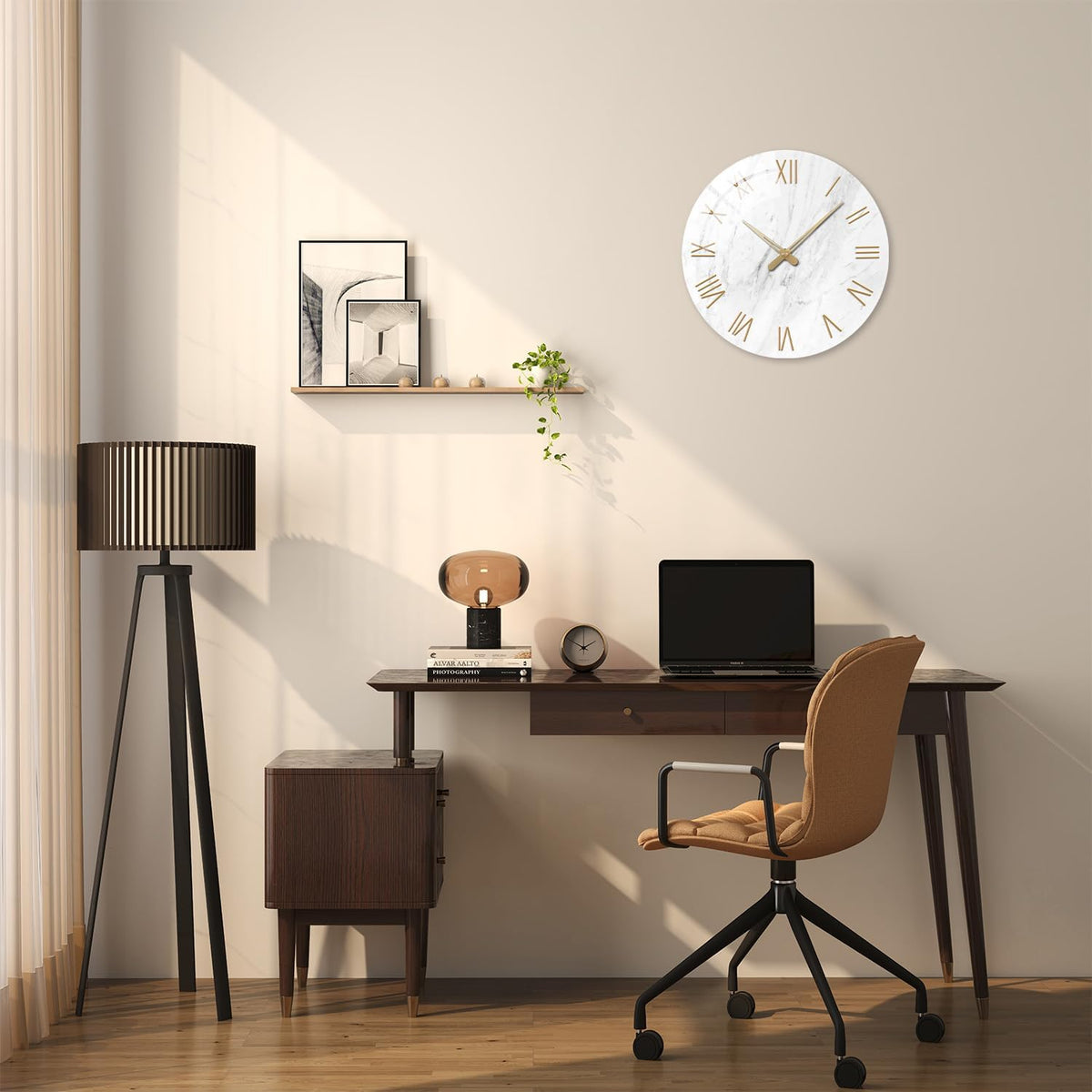 Round Marble Battery Wall Clock Modern 14 Inch White Minimalist Wall Clock for Kitchen Quartz Glass Slient Clock for Wall
