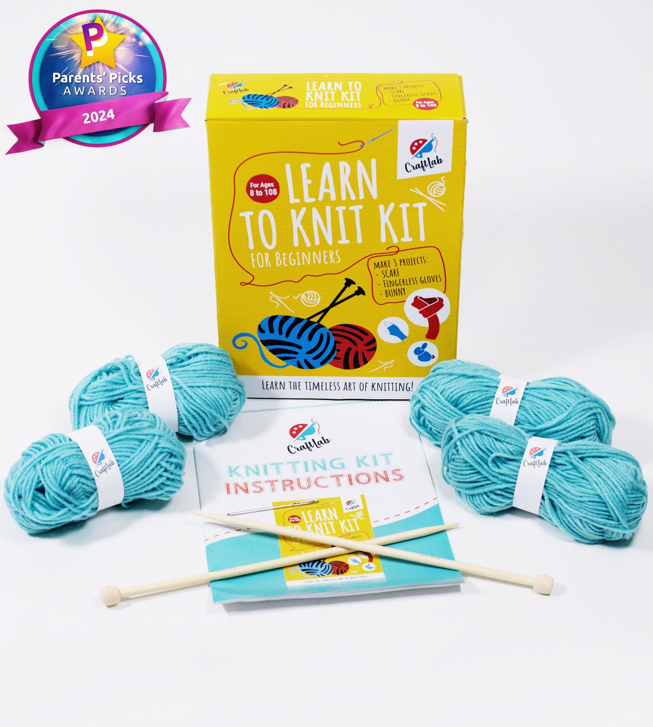 CraftLab Knitting Kit - Beginner Knitting Supplies with Wool Yarn, Needles, Instructions, DIY Gift