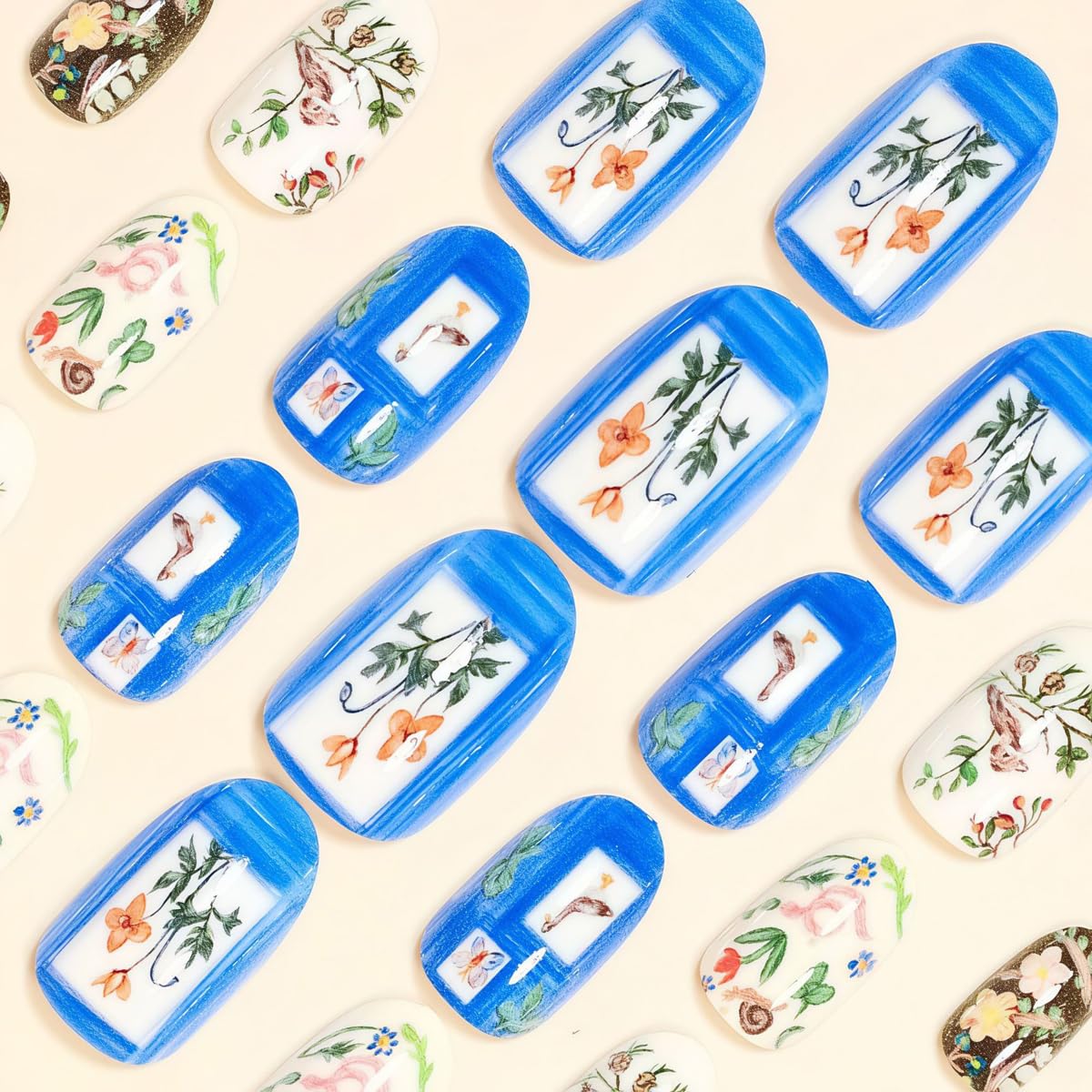 Spring Short Press on Nails Oval - Animal with Flower Design, Oil Painting Style Full Cover Glossy Fake Nails 24PCS for Women Manicure