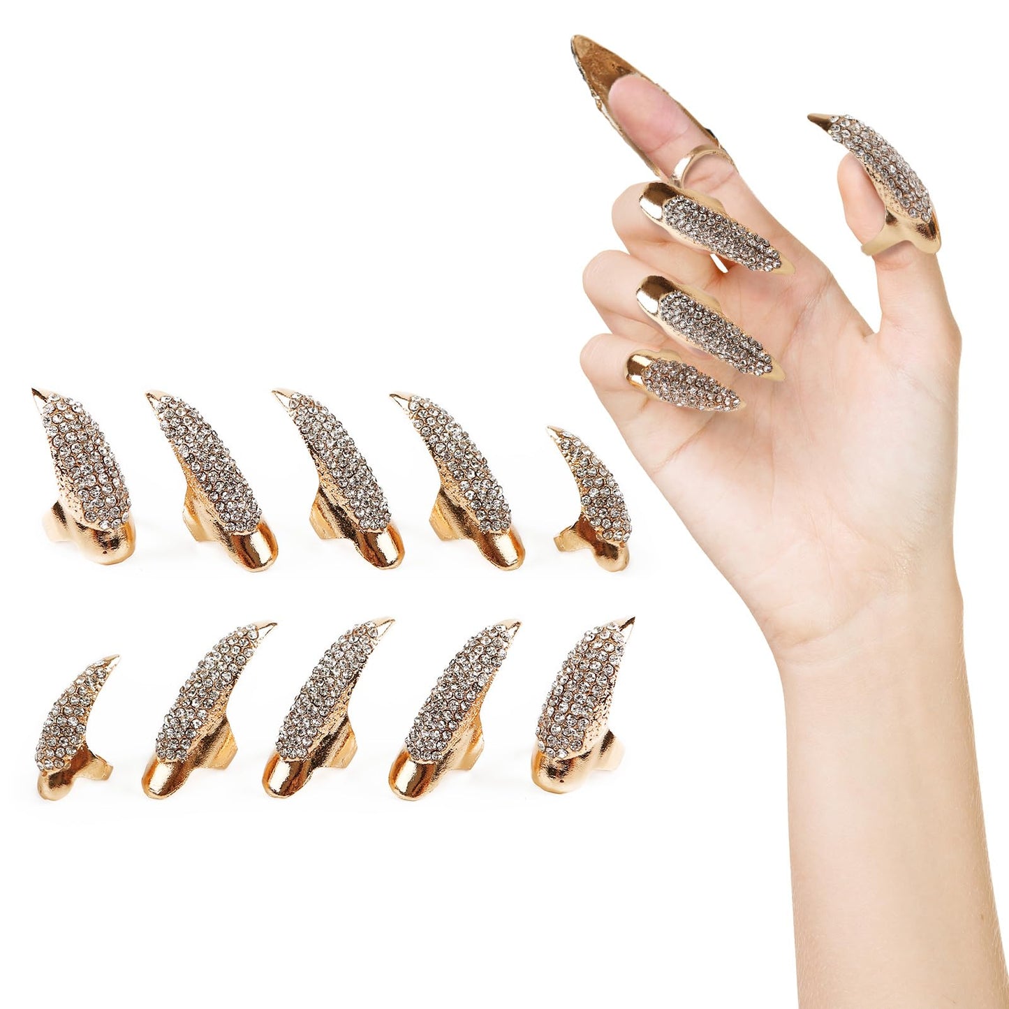 10PCS Finger Claws Fake Long Nail Women Halloween Costume Accessories Vampire Cat Wolf Cosplay Gold