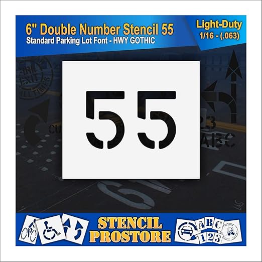 Pavement, Curb, and WheelStop Stencils - 6 inch Double Number Stencil - (55) - 6" x 9" x 1/16" (63 mil) - Light-Duty