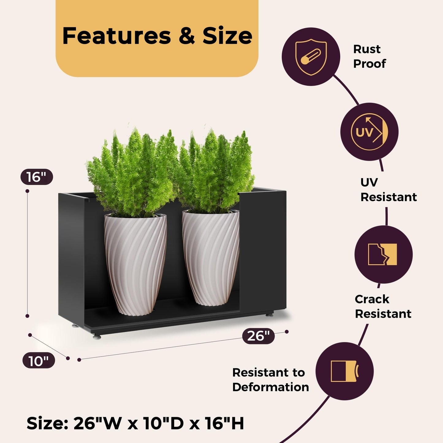 Foresland Outdoor Metal Planter Box 26Wx10Dx16H, Large Rectangular Trough Planters, Easy 5-Min Assembly, Modern Plant Container with Drainage Holes, Heavy Duty, Weather Resistant, Black