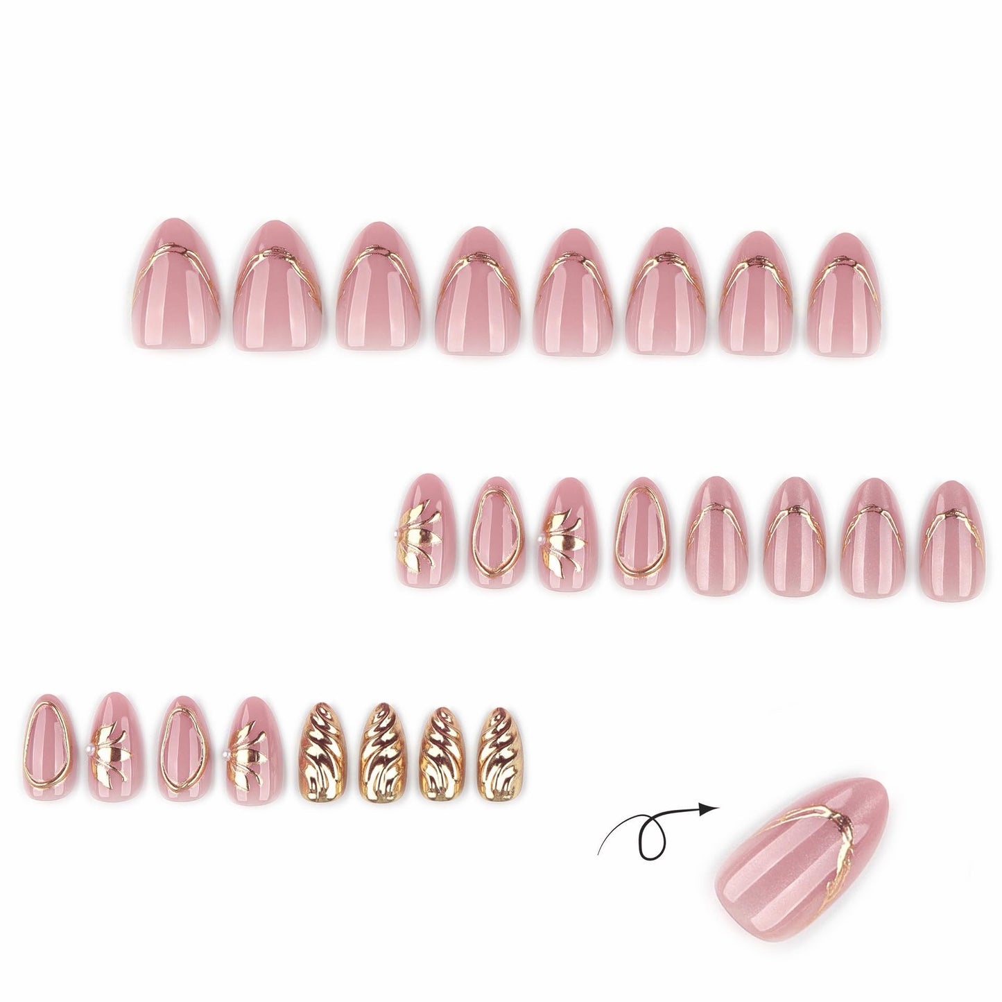 CTTHNBD Short Press on Nails Almond - Pink Fake Nails with Gold Line Design - Glossy Full Cover Stick on False Nails for Women 24 Pcs