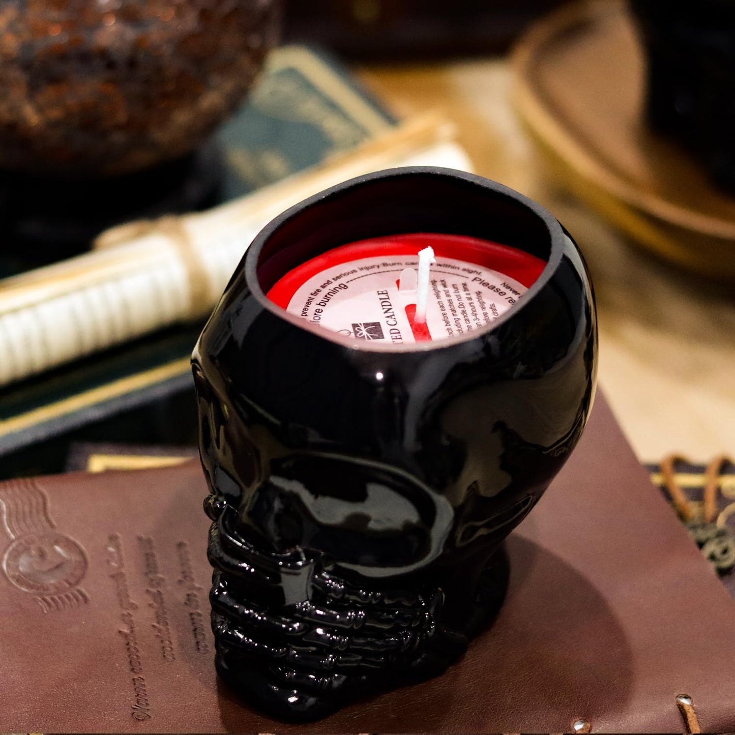 Skull Candle, Halloween Pumpkin Scented Candle 9.5OZ, Horrible Spooky Skeleton Head, Gothic Decor, Indoor Outdoor Halloween Table Centerpiece Decoration, Black