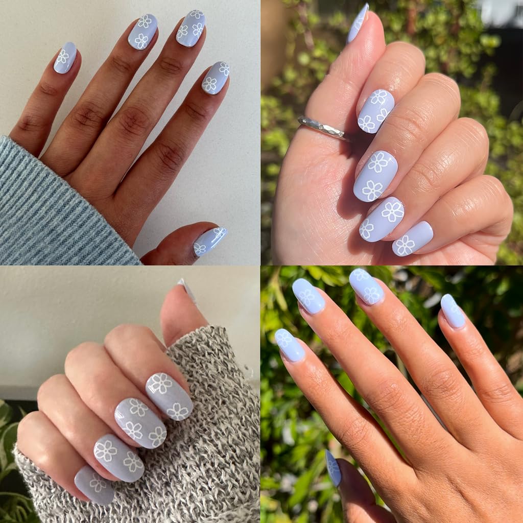 Olive & June Classic Super Stick Mani Press On Nails | No Glue Needed | 32 Tab Nails 16 Sizes | Non-Toxic Tabs Non-Damaging 7-Day Wear | Spring Flowers & Patterns | Short, Round | Floral Doodle