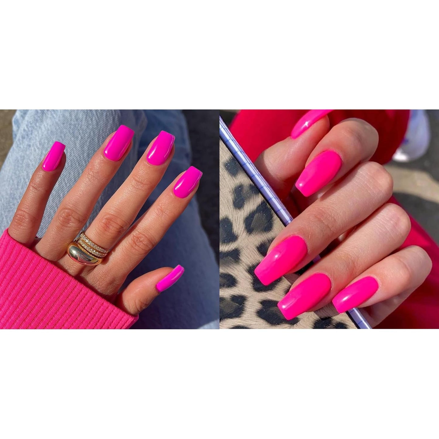 KQueenest Hot Pink Press on Nails Short Medium Square&Hot Pink Press on Nails Medium Long Square For Beach Party Daily Decoration in 48 PCS