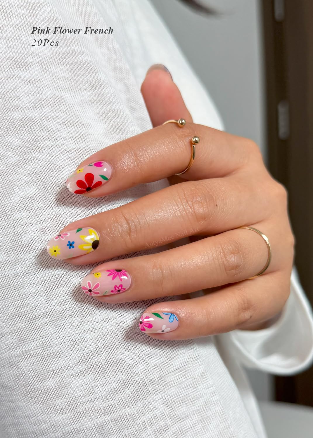 AutyaMee Semi Cured Gel Nail Strips (Cute Flower), 20 Pcs Summer Pink Gel Nail Wraps, Stickers, UV Light Required, Salon Quality, Long Lasting