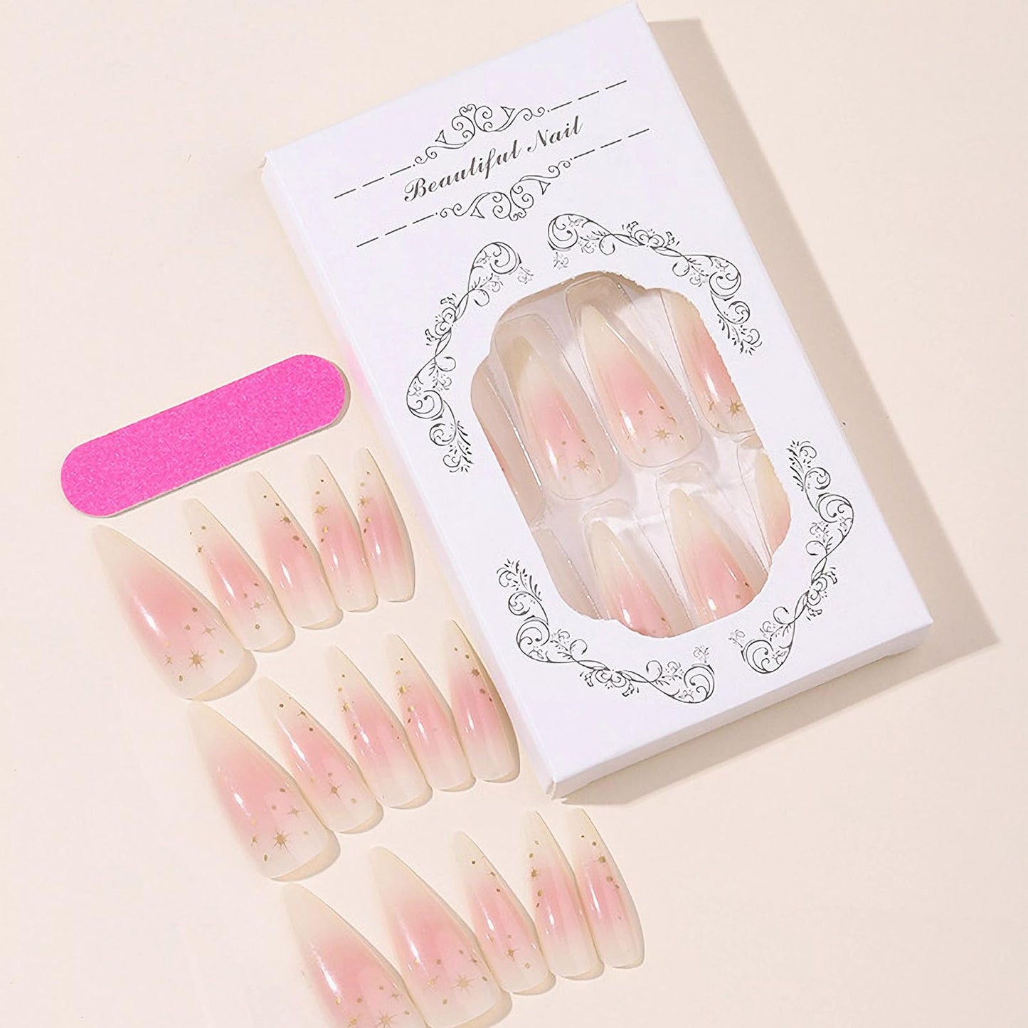 IMRAIN Press on Nails Long Stiletto Fake Nails Nude Pink Ombre Glossy Glue on Nails Full Cover Nature Artificial Gel Stick on False Nails for Women 24Pcs