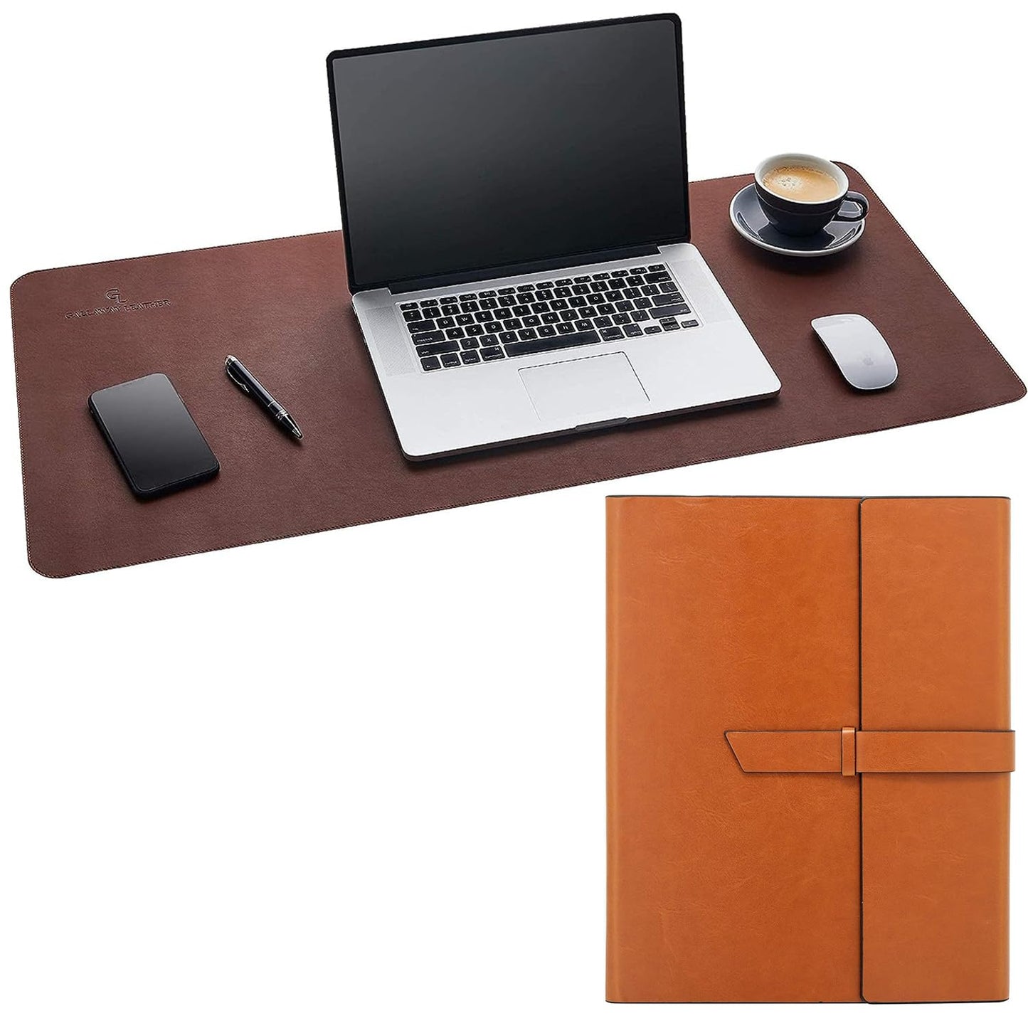 GALLAWAY LEATHER Desk Pad Large and Padfolio (Amber Brown) Bundle - Brown