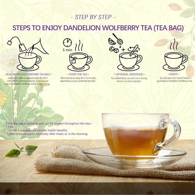 Binkago Dandelion Wolfberry Tea (30 Bags), Natural Kidneys & Liver Health Tea which includes Dandelion leaf, Cassia Seed, Goji Berries, Chrysanthemum, Licorice, Dried Tangerine Peel, and Gardenia