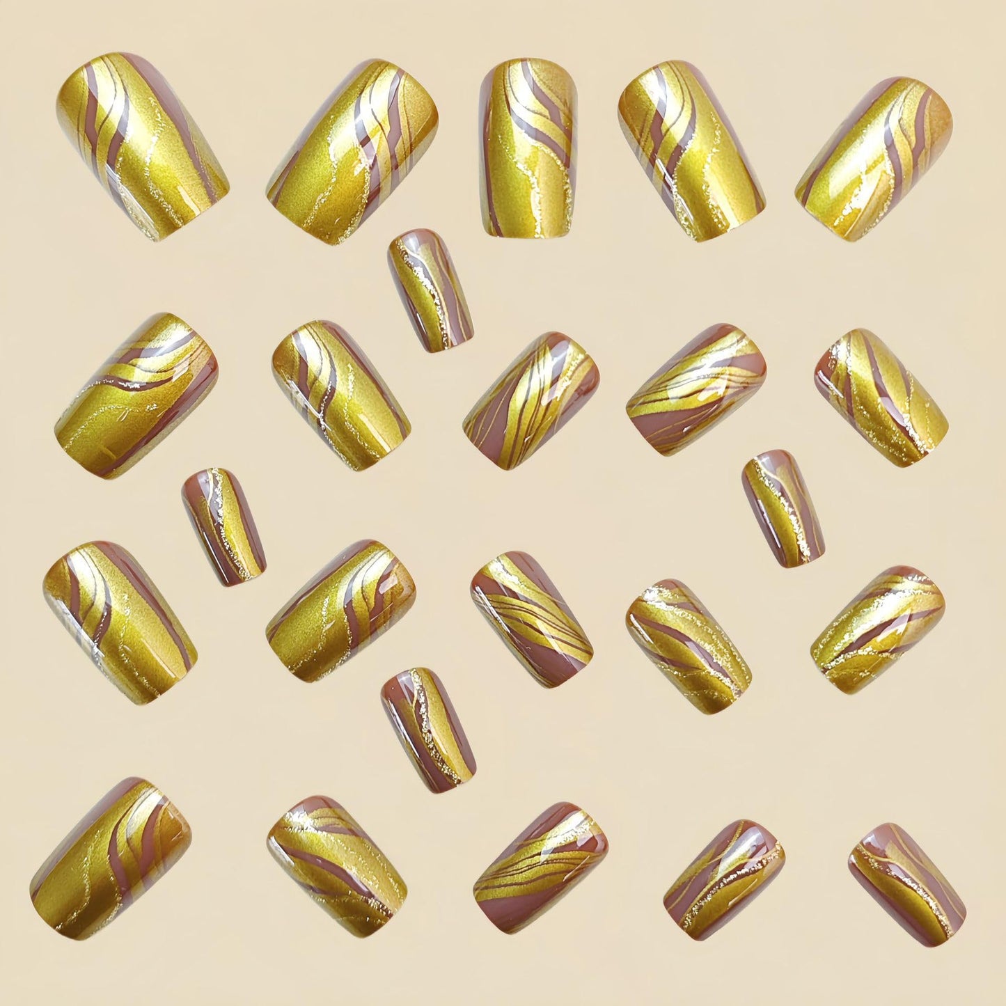 Press on Nails Gold Fake Nails Short Square False Nails Press ons with Designs Gold Line Stripes Acrylic False Nails Glossy Shiny Full Cover Glue on Nail for Women Nail Manicure Decoration 24Pcs