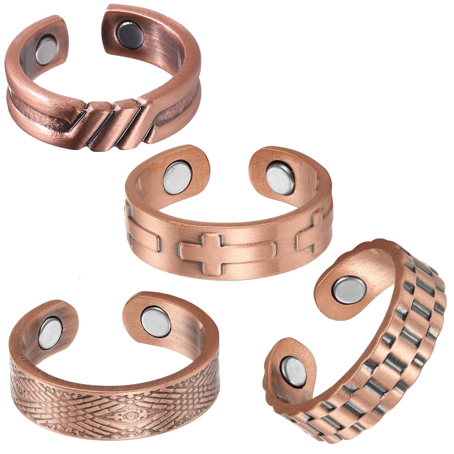 Fashtour 4 Copper Rings for Men, 99.99% Solid Pure Copper, 4pcs 3500 Gauss #9 Rings, Vintage & Cross Pattern Adjustable Cuff Ring