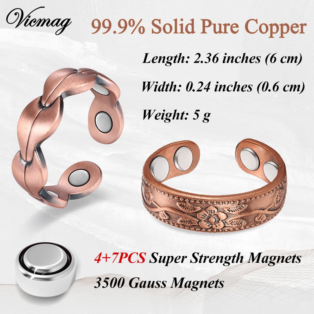 Vicmag Copper Magnetic Ring for Women, Magnetic Rings Ladies Fingers Thumb 100% Solid Pure Copper Jewelry Gift Adjustable (Rose Gold+Copper Flower)