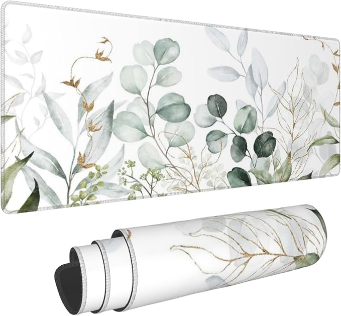 Green Gold Leaves and Branches Extended Big Mouse Pad Large,XL Gaming Mouse Pad Desk Pad,31.5x11.8inch Long Computer Keyboard Mouse Mat Mousepad with 3mm Non-Slip Base for Home Office Work