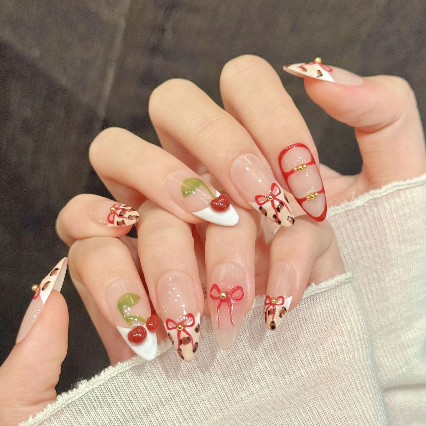 Luxury Press on Nails Medium Almond Handmade 3D Unique Reusable Fake Nails French Tip False Nails with Bow Cherry Designs Nude Leopard Print Glossy Glue on Nail Thick Acrylic Nail for Women10Pcs（S)