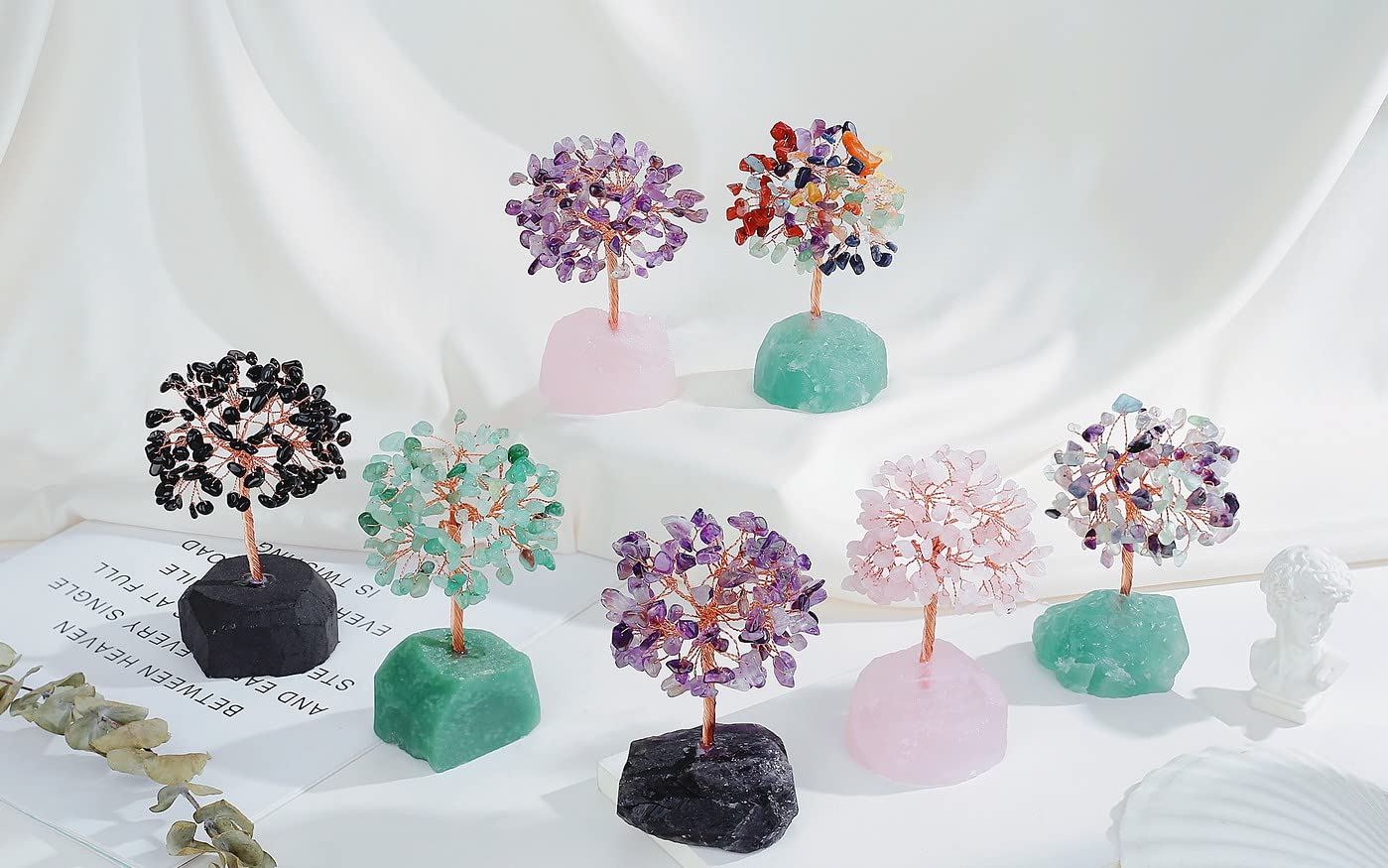 QINJIEJIE Black Obsidian Crystal Tree Healing Crystals Natural Stone Base Gemstone Tree Copper Wire Chakra Tree Life Tree Luck Tree Energy Desk Decor Spiritual Gift Meditation