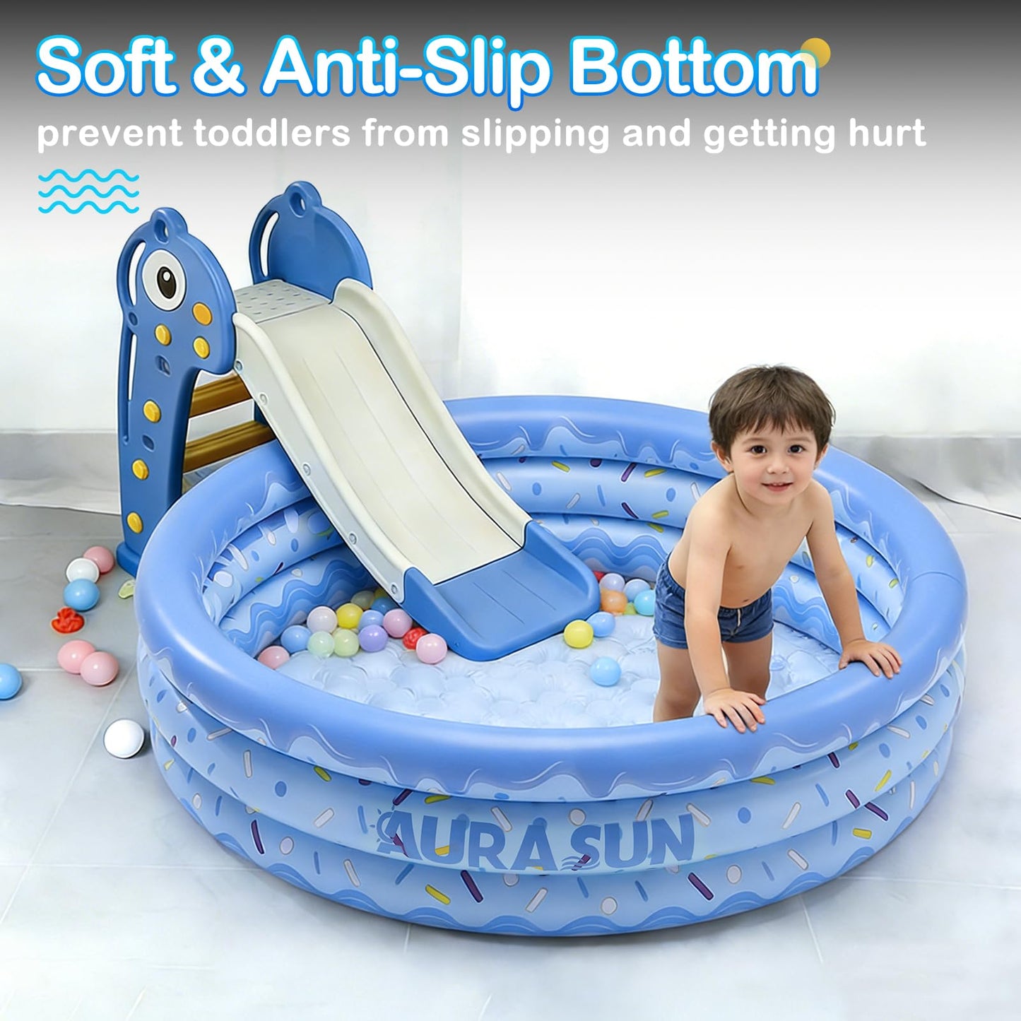 Inflatable Baby Pool Small Kiddie Swimming Pool, 3 Rings Round Pad Pool for Kids & Toddler, 48"X12" Portable Indoor Ball Pit Toys, Outdoor Water Play for Girl/Boy (Blue)