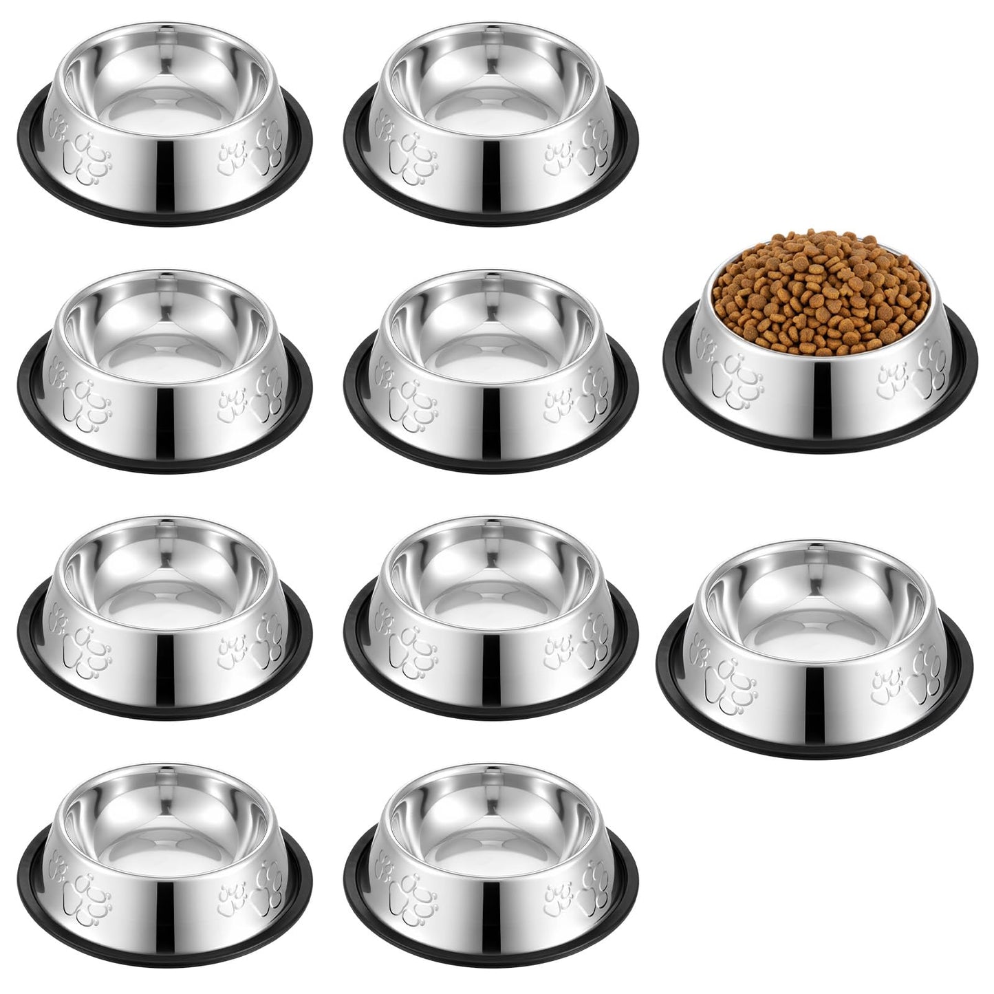 10 Pcs Stainless Steel Dog Bowls, Silver Non-Slip Pet Feeding Bowls with Rubber Base, 7 oz Capacity for Small Medium Dogs, Cats, Kittens, Rabbits