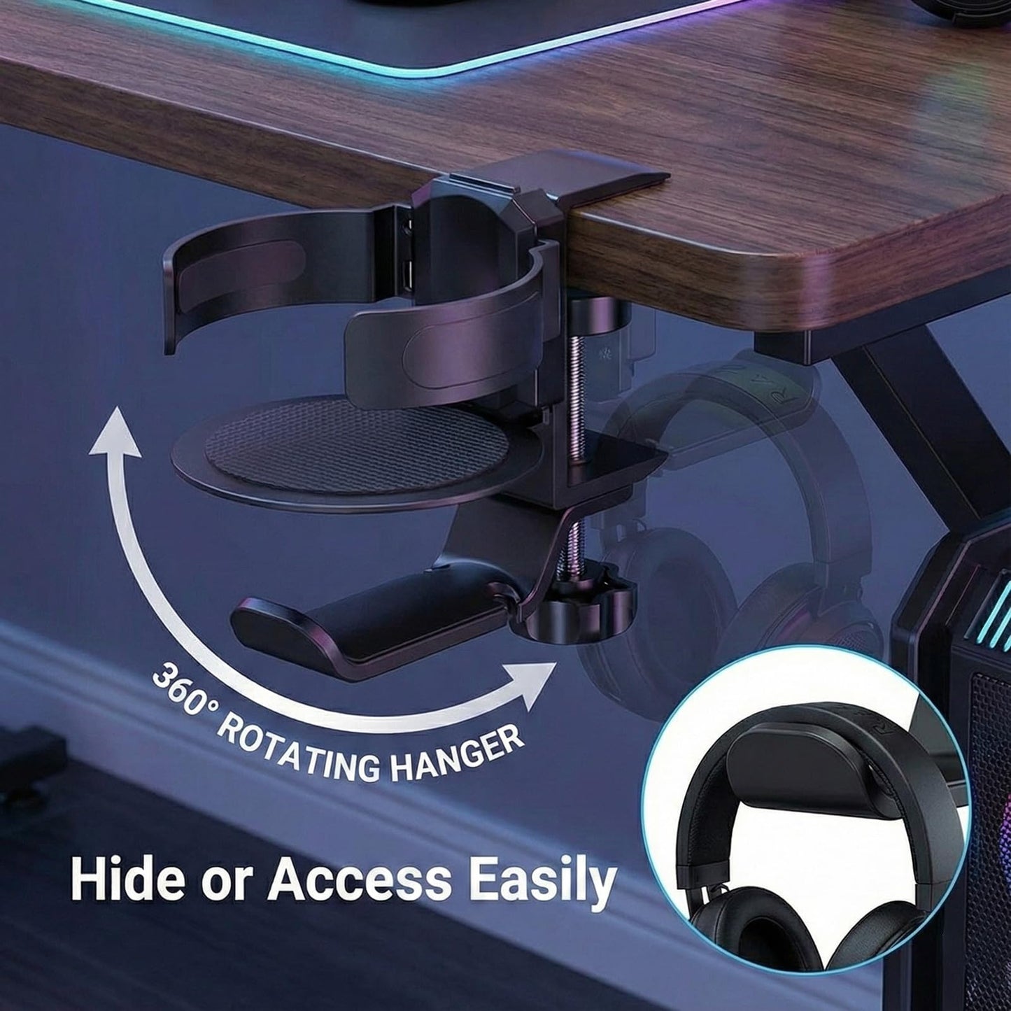 3 in 1 Desk Cup Holder & Headphone Hanger, 360° Rotating Under-Desk Hook, Aviation-Grade Aluminum Clamp-On for Gaming Desks, Workbenches, Shelves & Camping Chair Armrests, Fits Large 40oz Tumblers