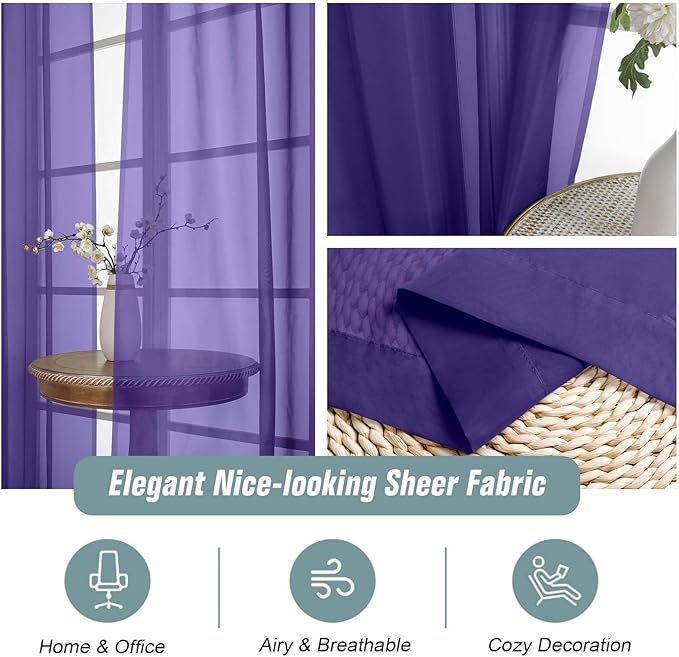 Purple Sheer Curtains 84 Inches Long 2 Panels, Elegant Airy Transparent Light Filtering Window Curtains, Window Drapes for Living Room Bedroom, Top Dual Rod Pocket Design, 2x42Wx84L Inches