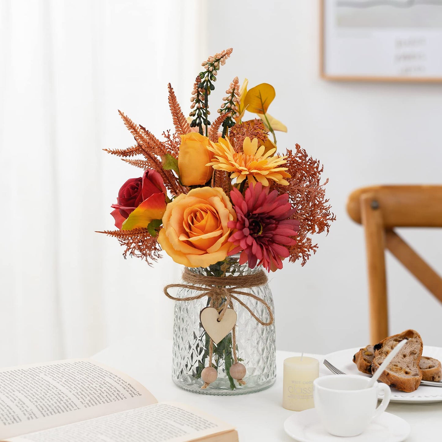 COZZI CODI Artificial Flowers with Vase, Faux Silk Flowers Arrangement in Vase, Rustic Home Office Decorations, Farmhouse Dining Table Decor, Coffee Table Centerpiece, Fall Table Plant Decor
