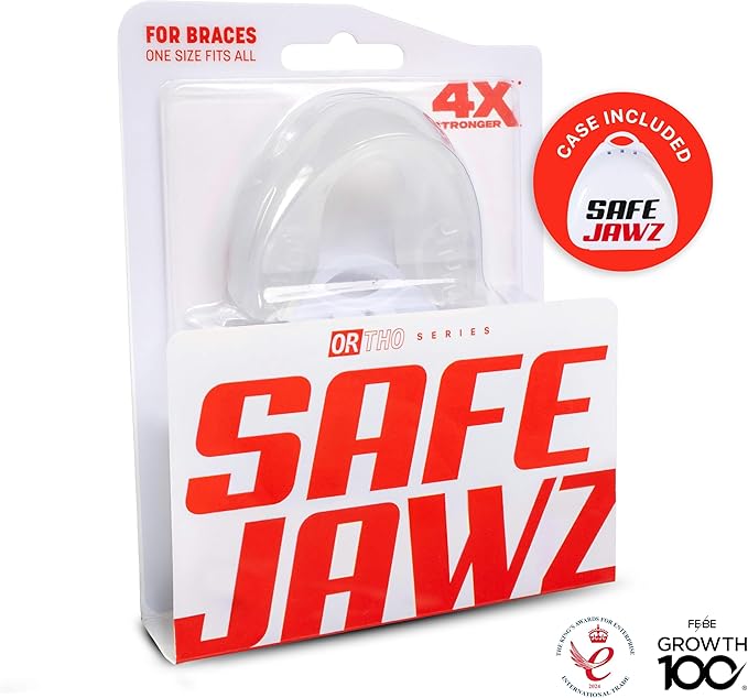 SAFEJAWZ Mouthguard for Braces, Upper & Lower Protection Remoldable Mouth Guard with Case for Boxing, Basketball, Football, MMA, Lacrosse, Hockey and All Contact Sports One Size (Transparent)